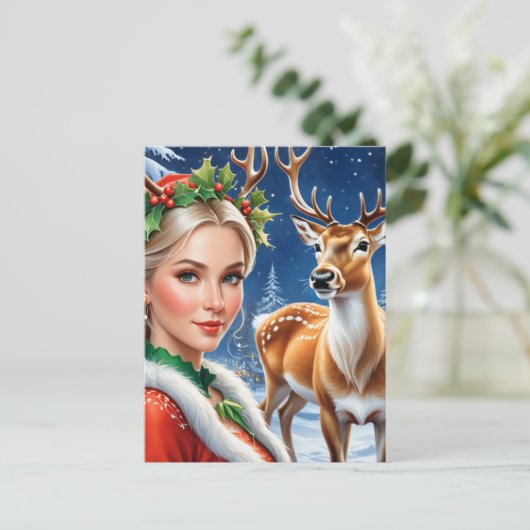 Fantasy blond Frau und Hirsche Weihnachten Postkarte (Stehend Vorderseite)
