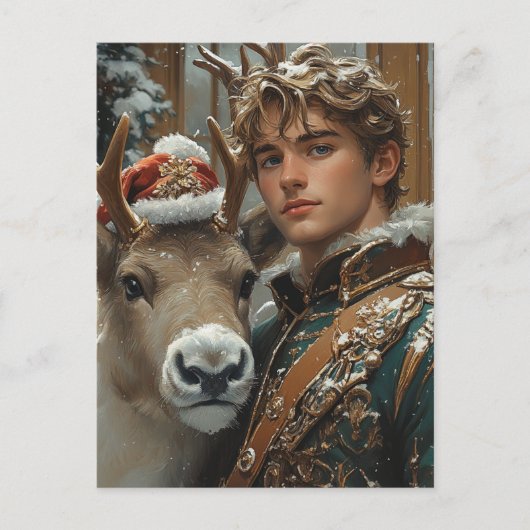 Fantasy Blond Mann und Rentiere Weihnachten Postkarte (Vorderseite)
