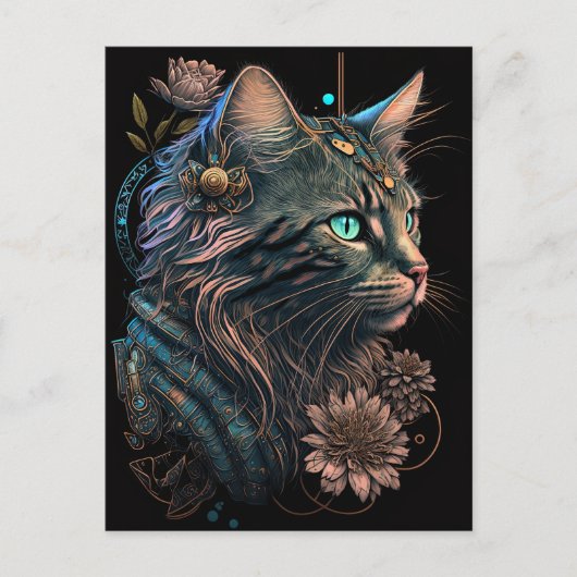 Fantasy blue eye cat mit Blume AI art Postkarte (Vorderseite)