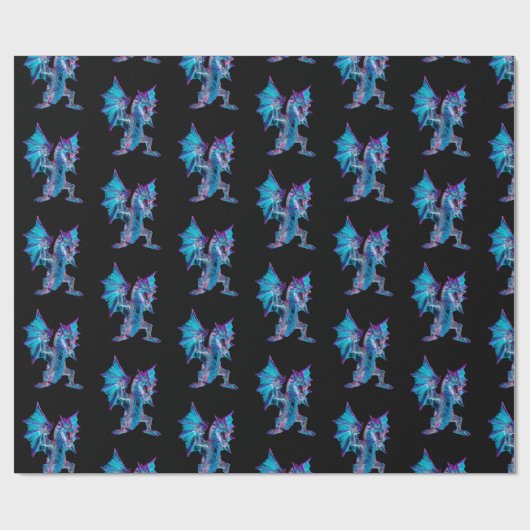 Fantasy Blue Fire Dragon Black Geschenkpapier (Flach)