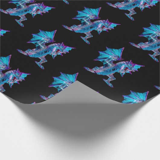 Fantasy Blue Fire Dragon Black Geschenkpapier (Ecke)