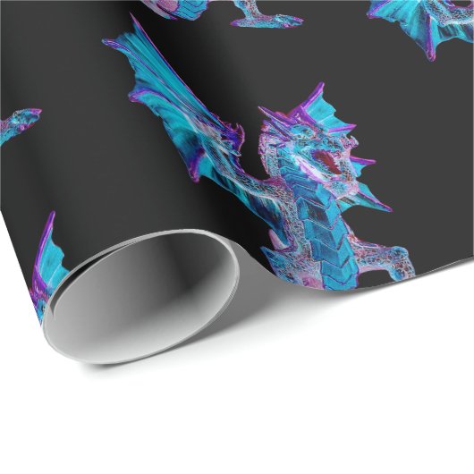 Fantasy Blue Fire Dragon Black Geschenkpapier (Rolleneckpunkt)