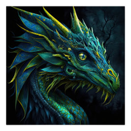 Fantasy Blue Green Dragon mit gelben Augen KI Kuns Poster
