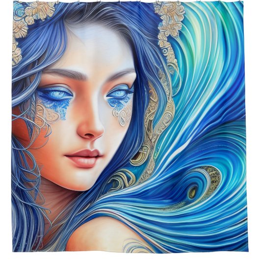 Fantasy Blue Ocean Wave Goddess Abstrakte Kunst Duschvorhang (Vorderseite)