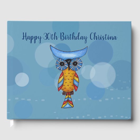 Fantasy Blue Yellow Owl Big Eyes Circles Drums Gästebuch (Vorderseite)