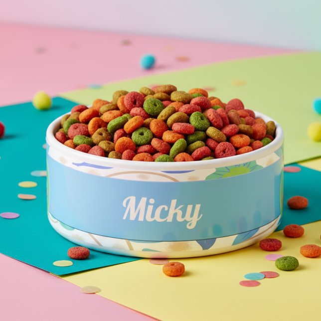 Fantasy Blume Blue Green Keramik Pet Bowl Napf (Give him a food bowl to be proud of. Pastel blue fantasy flowers with his name too.)