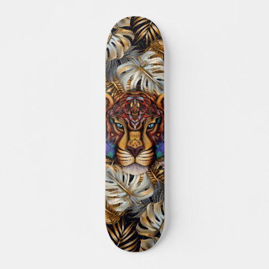 Fantasy Boho Jungle Tiger Head Mixed Media Skateboard (Vorne)