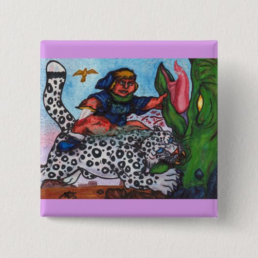 fantasy boy riding cat fighting dragon and eagle button (Vorderseite)