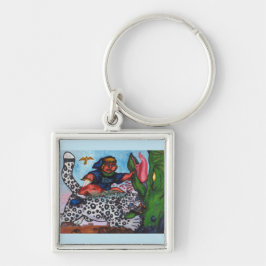 fantasy boy riding cat fighting dragon and eagle schlüsselanhänger