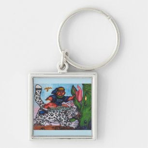 fantasy boy riding cat fighting dragon and eagle schlüsselanhänger