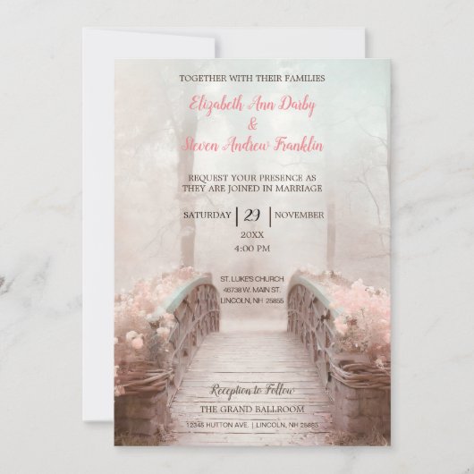 Fantasy Bridge im Wald mit rosa Blume Einladung (Vorderseite)