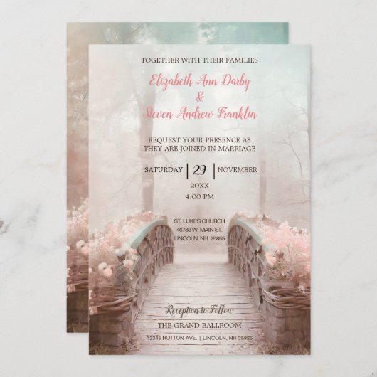 Fantasy Bridge im Wald mit rosa Blume Einladung (Vorne/Hinten)