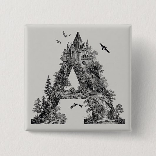 Fantasy-Buchstabe A mit Schlössern im Himmel-Märch Button (Vorderseite)