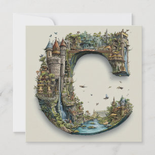 Fantasy-Buchstabe C mit Burgen im Himmel-Märchenbu Feiertagskarte