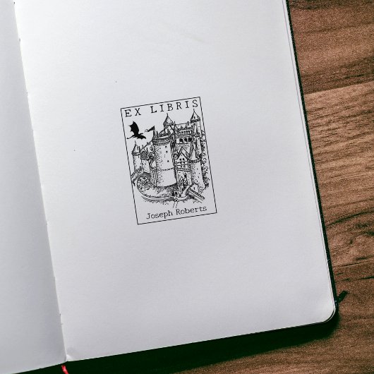 Fantasy Castle Dragon, Vintages Ex Libris Buch Gummistempel