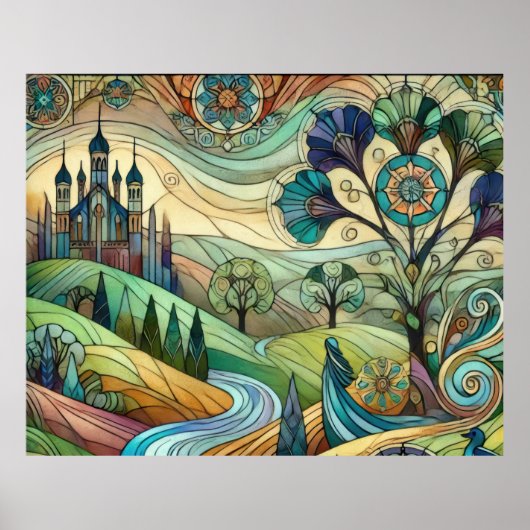 Fantasy Castle mit farbenfrohen Hügeln und Fluss Poster (Vorne)