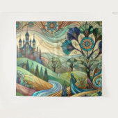 Fantasy Castle mit farbenfrohen Hügeln und Fluss Wandteppich (Vorderseite (Horizontal))