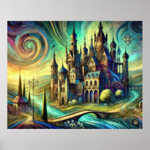Fantasy Castle mit Swirling Sky und Flows River Poster