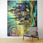 Fantasy Castle mit Swirling Sky und Flows River Wandteppich (Beispiel)