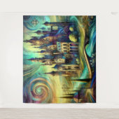 Fantasy Castle mit Swirling Sky und Flows River Wandteppich (Vorderseite)