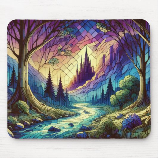 Fantasy Castle mit verzaubertem Wald und Fluss Mousepad (Vorne)
