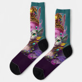 Fantasy Cat Princess Queen mit Gold Crown auf Aqua Socken (Linkes Detail)