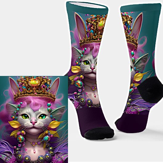 Fantasy Cat Princess Queen mit Gold Crown auf Aqua Socken