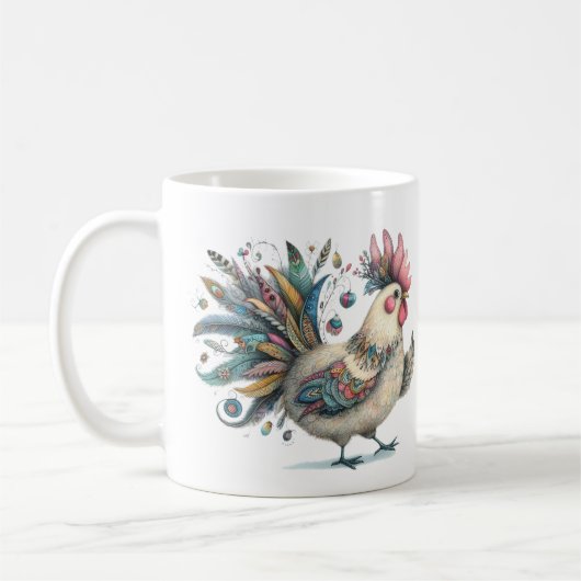 Fantasy Chicken or Rooster Folk Art Illustration Kaffeetasse (Links)