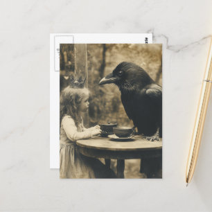 Fantasy Child and Raven Tee Party in Sepia Postkarte