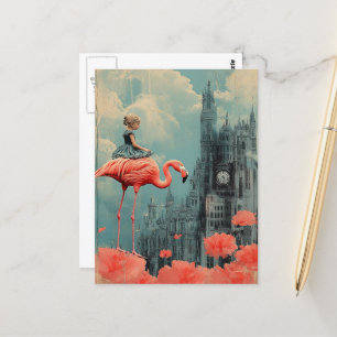 Fantasy Child Rides auf einem rosa Flamingo Postkarte
