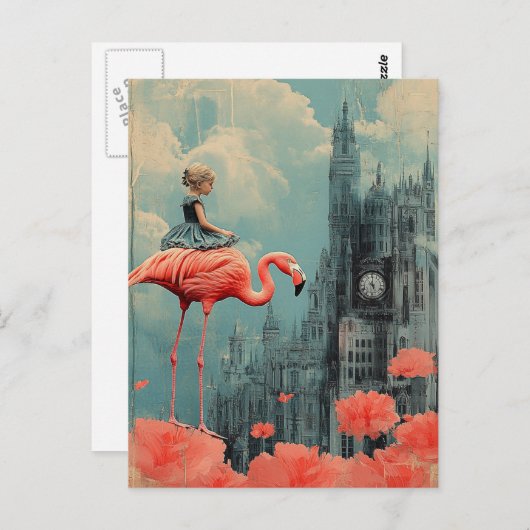 Fantasy Child Rides auf einem rosa Flamingo Postkarte (Vorne/Hinten)