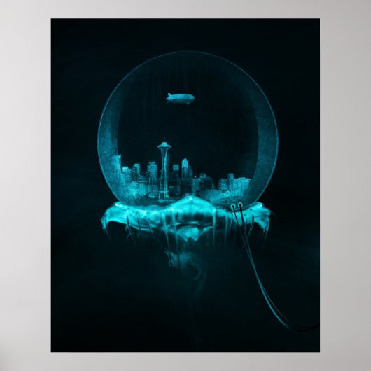 Fantasy City in einer Snowglobe mit Blimp Poster (Vorne)