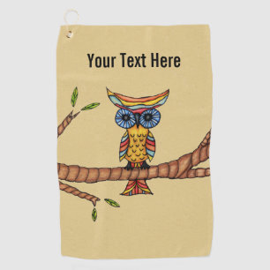 Fantasy Colorful Owl Big Blue Eyes auf Branntbrown Golfhandtuch