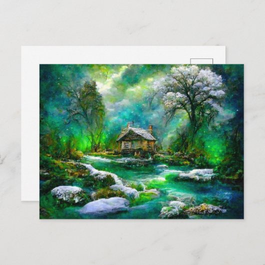 Fantasy Cottage im Frühjahr. Schneeschmelze Postkarte (Vorne/Hinten)