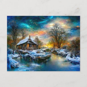 Fantasy Cottage im Winter. Nordlichter im Fluss Postkarte