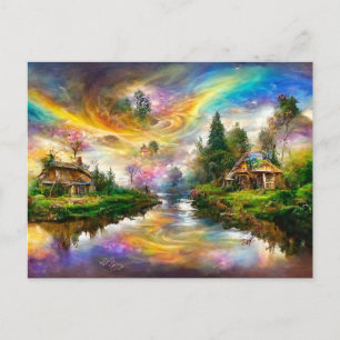 Fantasy Cottage mit bunten Regenbogenfarbe. Sommer Postkarte