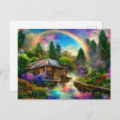 Fantasy Cottage mit Regenbogen und Blumen Postkarte (Vorne/Hinten)