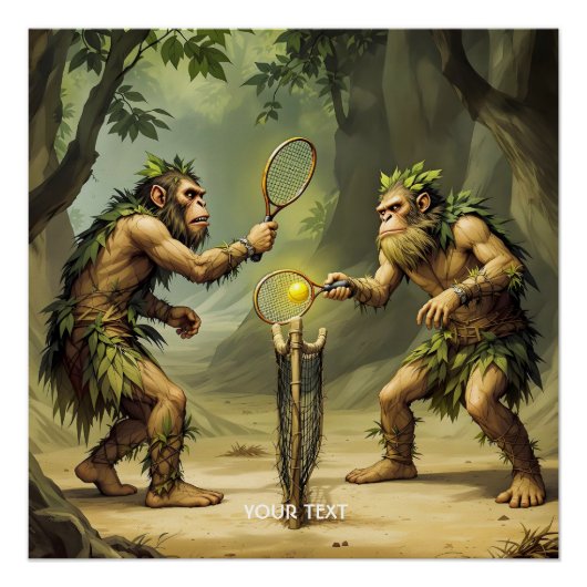 Fantasy Cute Neandertals Playing Tennis Poster (Vorderseite)