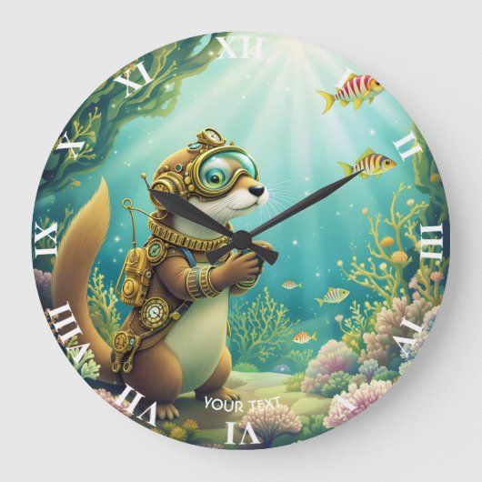 Fantasy Cute Otter Steampunk Suit Große Wanduhr (Vorderseite)