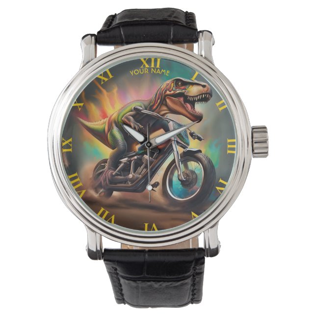 Fantasy Cute T-Rex Riding Bike Armbanduhr (Vorderseite)