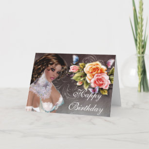 Fantasy Dark Skin Brünett mit Rose Geburtstagskart Karte