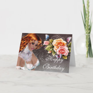 Fantasy Dark Skin Redhead mit Rose Geburtstagskart Karte