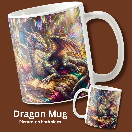 Fantasy-Drache mit Buch und Kaffee in ihrem Verste Kaffeetasse