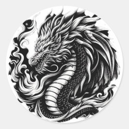 Fantasy Dragon Black/White Runder Aufkleber