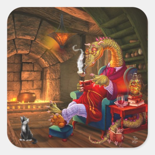 Fantasy Dragon Reading by Fireplace Quadratischer Aufkleber (Vorderseite)