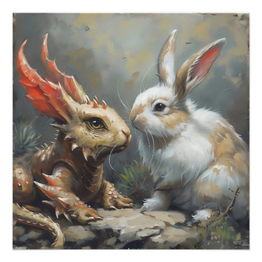Fantasy Dragon und Kaninchen Fotodruck (Vorne)