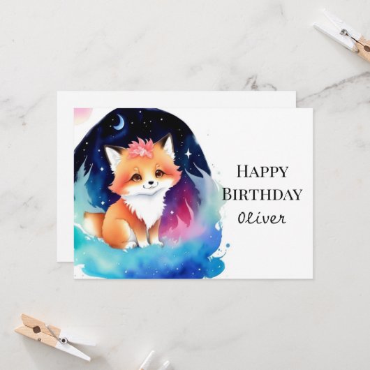 Fantasy Editable Fox Birthday Karte (Vorderseite/Rückseite Beispiel)