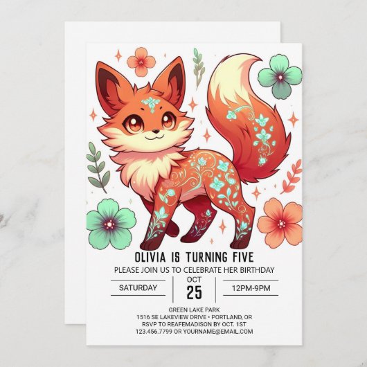 Fantasy Editable Fox Digital Geburtstag Einladung (Vorne/Hinten)