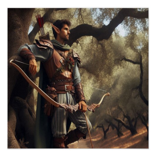 Fantasy Elf Archer Ruhen im verzauberten Eichenwal Poster (Vorderseite)
