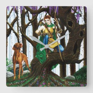 Fantasy-Elfenbogenschütze Vizsla Hund verzauberter Quadratische Wanduhr